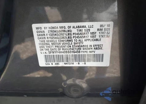 2011 Honda Pilot Ex from USA, damaged, VIN 5FNYF4H40BB016459